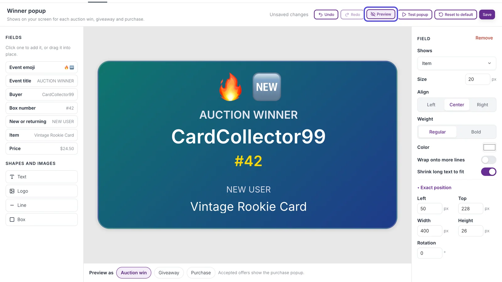 The popup designer in preview: a fire and NEW emoji, AUCTION WINNER, CardCollector99, #42, NEW USER and Vintage Rookie Card on a teal to dark blue card. The Preview button above it is circled.