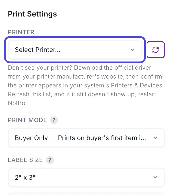 The Print Settings card in the Settings panel, with the Printer box circled. It says Select Printer.