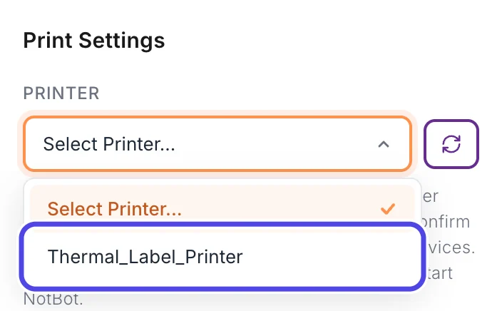 The open Printer list showing Select Printer and Thermal_Label_Printer. Thermal_Label_Printer is circled.