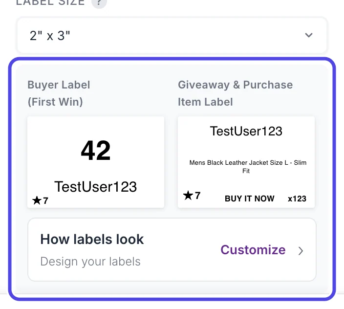 The label previews under Label Size, circled: a buyer label with the number 42 and the username TestUser123, and an item label, with the How labels look link underneath.