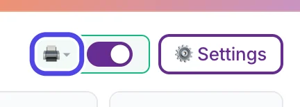 The top of the NotBot panel: a box with a green border holding the printer icon, circled, and a purple switch, next to the Settings button.