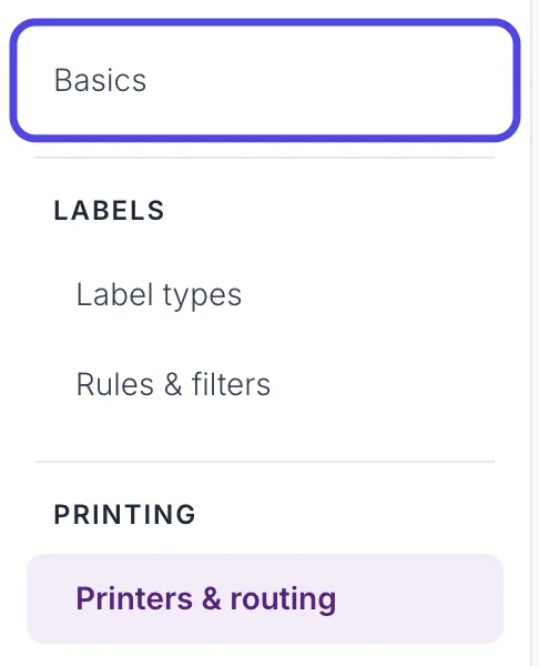 The list of Advanced Settings pages, with Basics at the top circled.