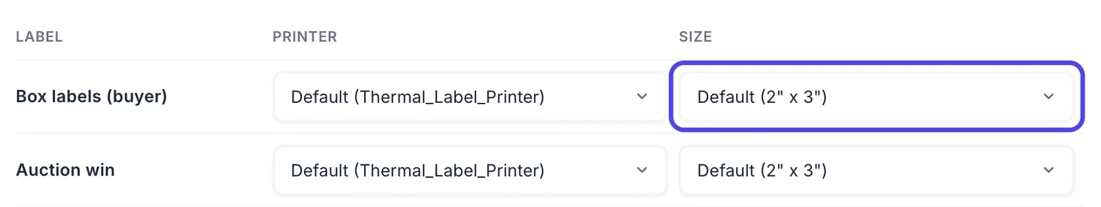 The top of the Which labels print where table with the columns Label, Printer and Size. The Size box on the Box labels (buyer) row, set to Default (2 by 3 inches), is circled.