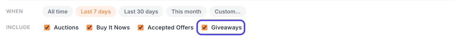 The When row with Last 7 days picked, and under it the Include row with ticked boxes for Auctions, Buy It Nows, Accepted Offers and Giveaways, with Giveaways circled.