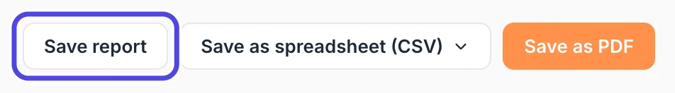 The buttons at the top right of the report: Save report (circled), Save as spreadsheet (CSV) and Save as PDF.