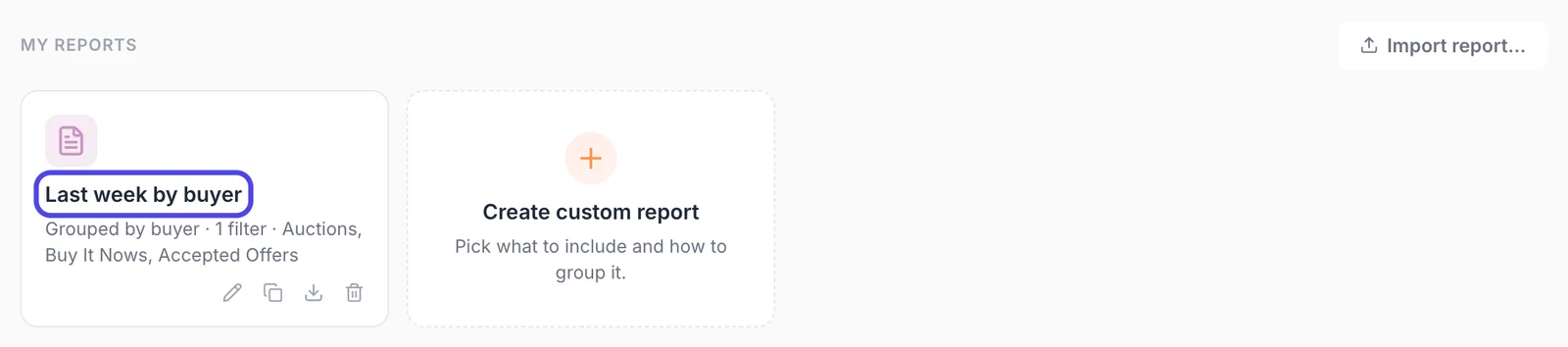 The My reports section with the Last week by buyer box, its name circled, and the rename, copy, save to file and delete buttons at the bottom of the box.