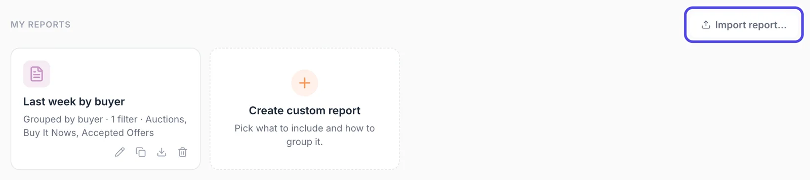 The My reports section with the Import report button circled at its right.