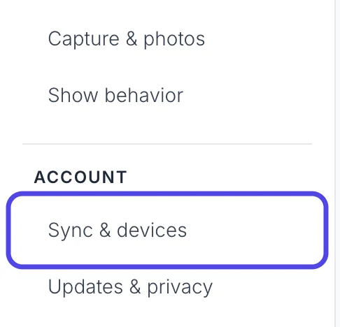 The list of settings pages on the left side of Advanced Settings, with Sync & devices circled.