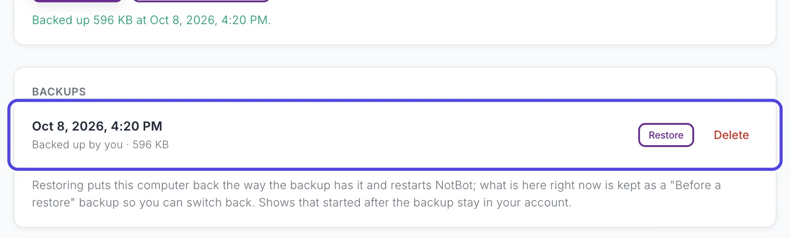 The green line confirming the backup, and below it the Backups box with one backup, marked Backed up by you, circled.