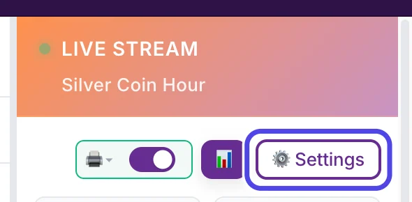 The top of the NotBot panel during a show: the orange bar with the show name, and under it the printer icon, the auto-print switch, a chart button and the Settings button, which is circled.