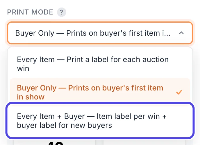 The open Print Mode list with three choices: Every Item, Buyer Only (checked) and Every Item + Buyer, which is circled.