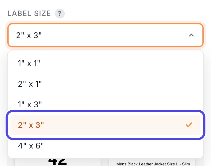 The open Label Size list with the five sizes 1 by 1, 2 by 1, 1 by 3, 2 by 3 and 4 by 6 inches. 2 by 3, the size in use, is circled.
