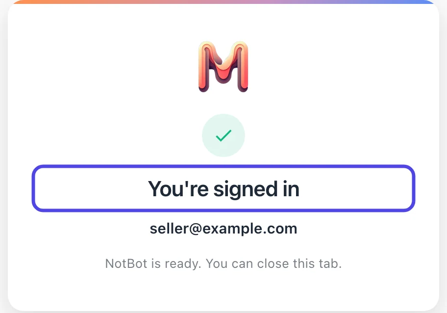 The web page that says You're signed in, with the account email address underneath.