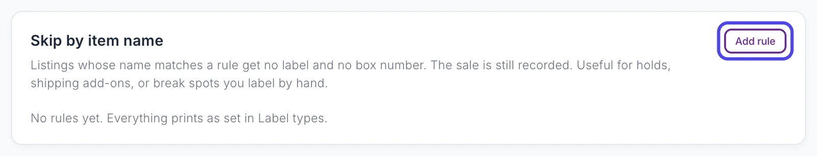 The Skip by item name card with the text No rules yet and the Add rule button circled.