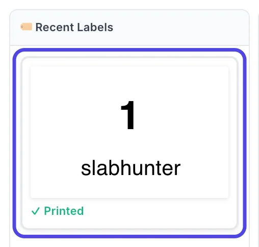 Recent Labels with a single label, box number 1 for slabhunter, marked Printed. There is no label for coinsbyrita.
