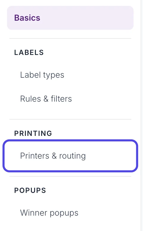 The Advanced Settings page list with Printers & routing, under Printing, circled.