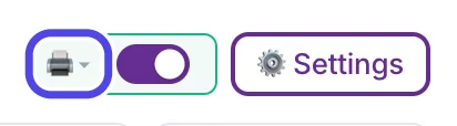 The top of the NotBot panel with the printer icon circled, next to the auto-print switch and the Settings button.