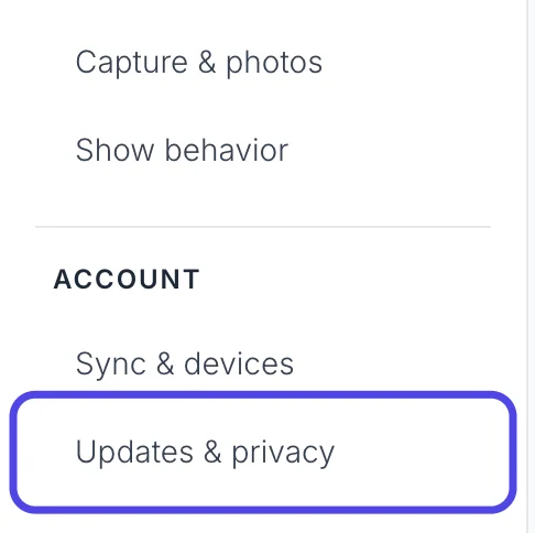 The list of settings pages on the left side of Advanced Settings, with Updates & privacy circled.