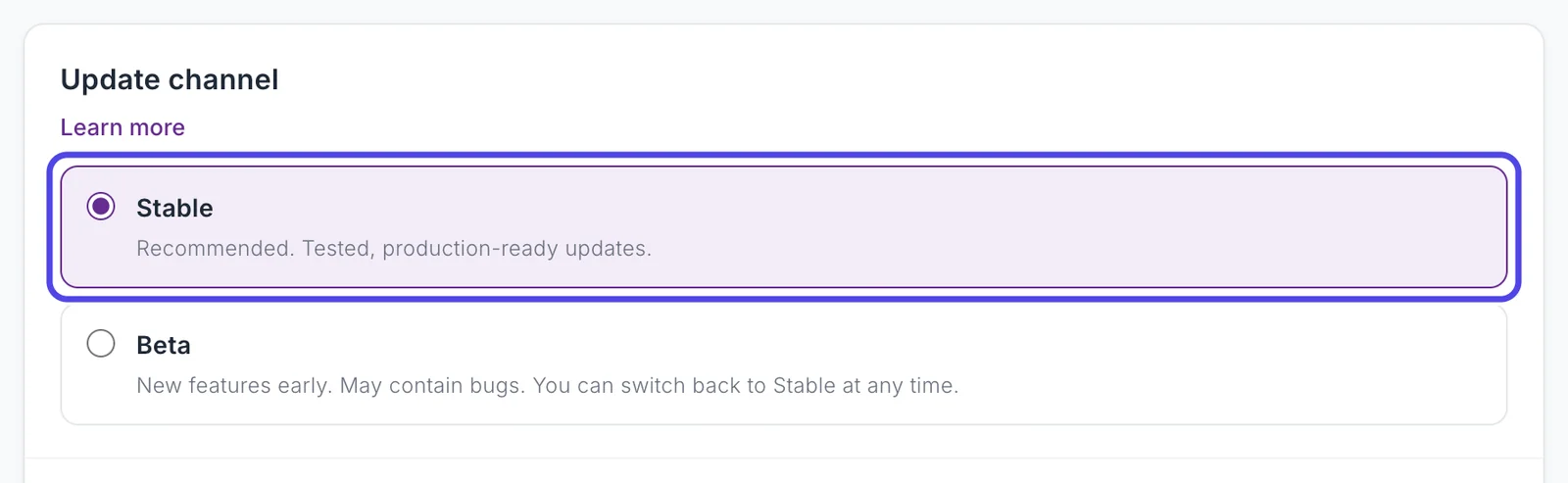The Update channel setting with Stable chosen and circled, and Beta below it.