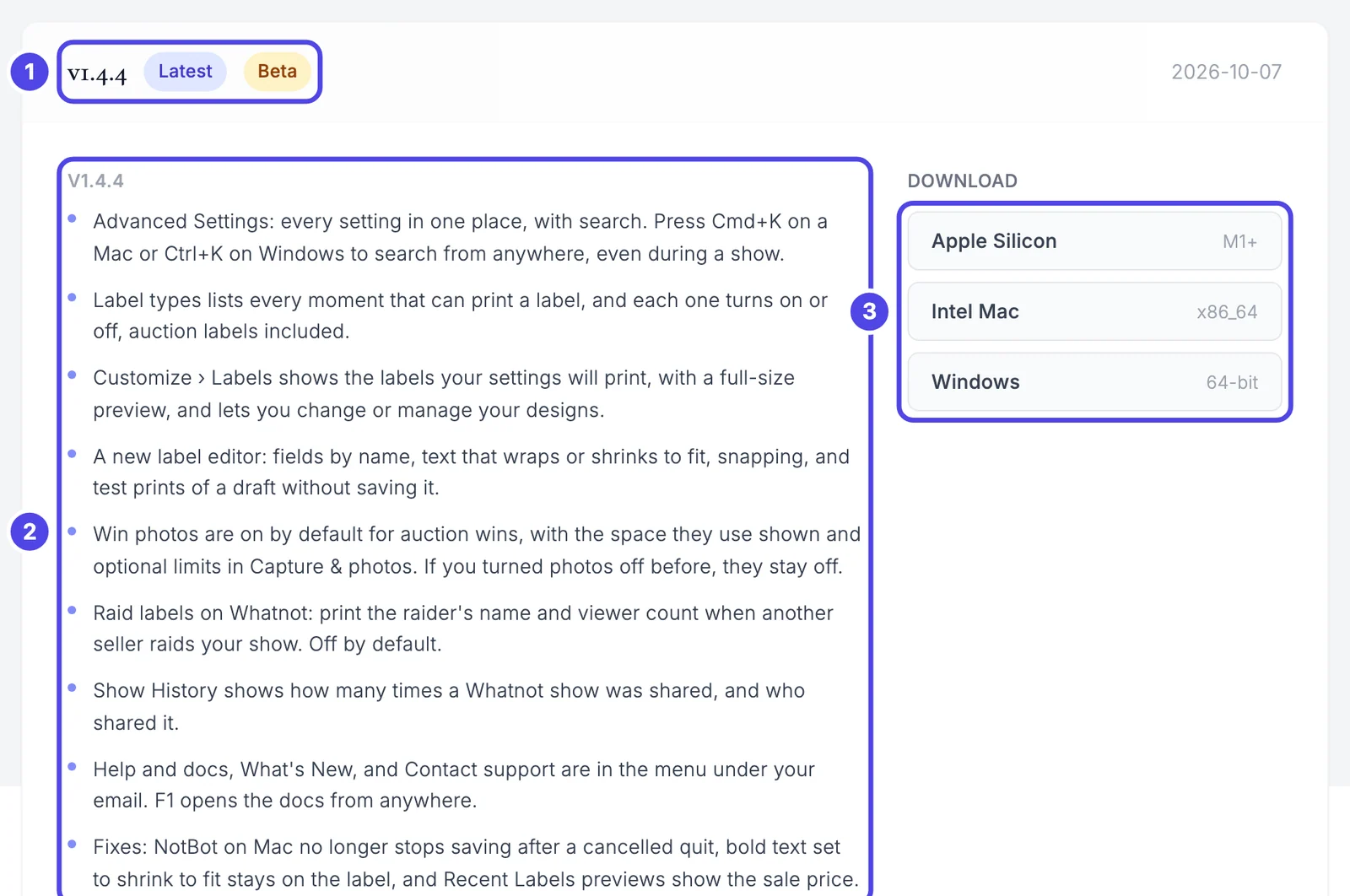 The newest release box on the Release History page, with the version number and its Latest and channel labels numbered 1, the start of its list of changes numbered 2, and the three download buttons numbered 3.