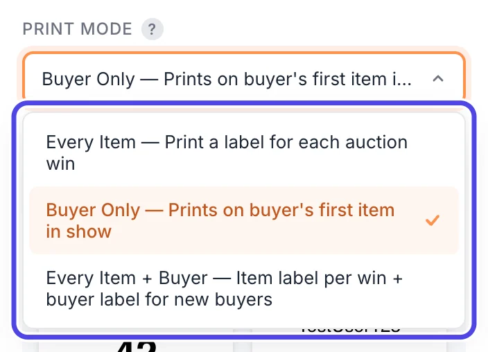 The Settings drawer with the Print Mode box open. The list of the three print modes, Every Item, Buyer Only (checked) and Every Item + Buyer, is circled.