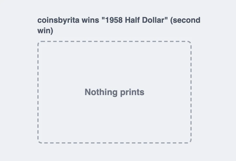 An empty dashed outline where a label would be, reading Nothing prints, for coinsbyrita's second win.