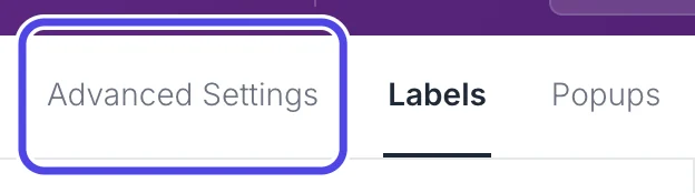 The three tabs at the top of the Customize page: Advanced Settings, Labels and Popups. Advanced Settings is circled.