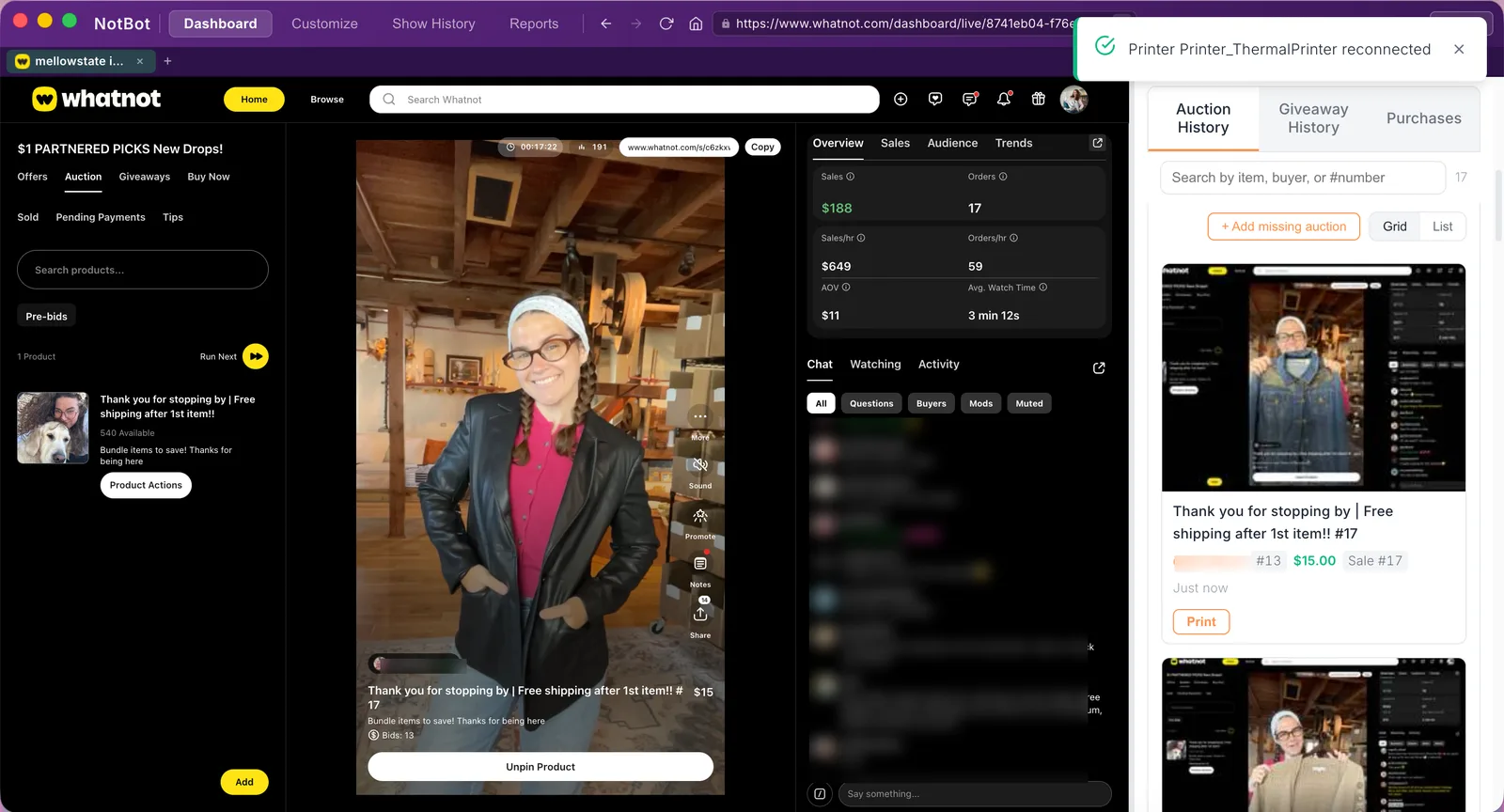 NotBot auction history tab listing wins with one-click reprint