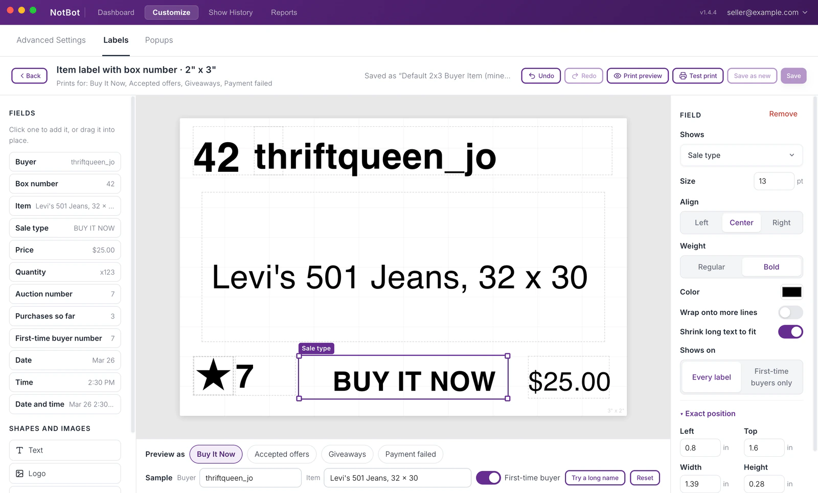 NotBot label editor with the Fields list on the left, a label on the canvas, and the properties panel on the right