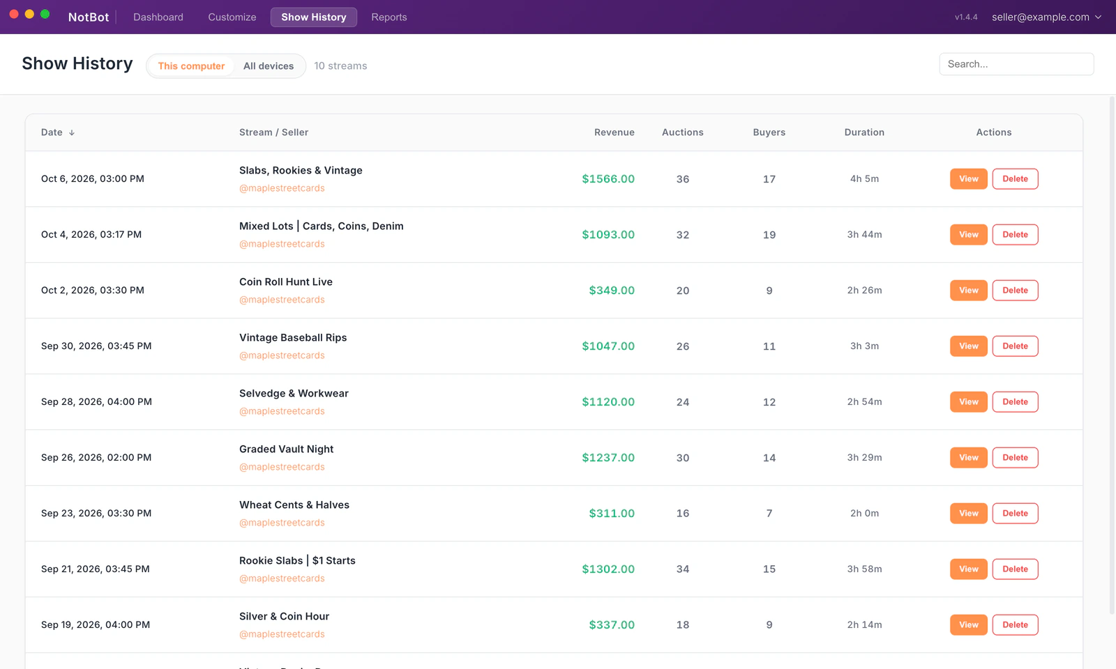 NotBot Show History with a searchable list of past streams and their revenue, auctions, buyers, and duration